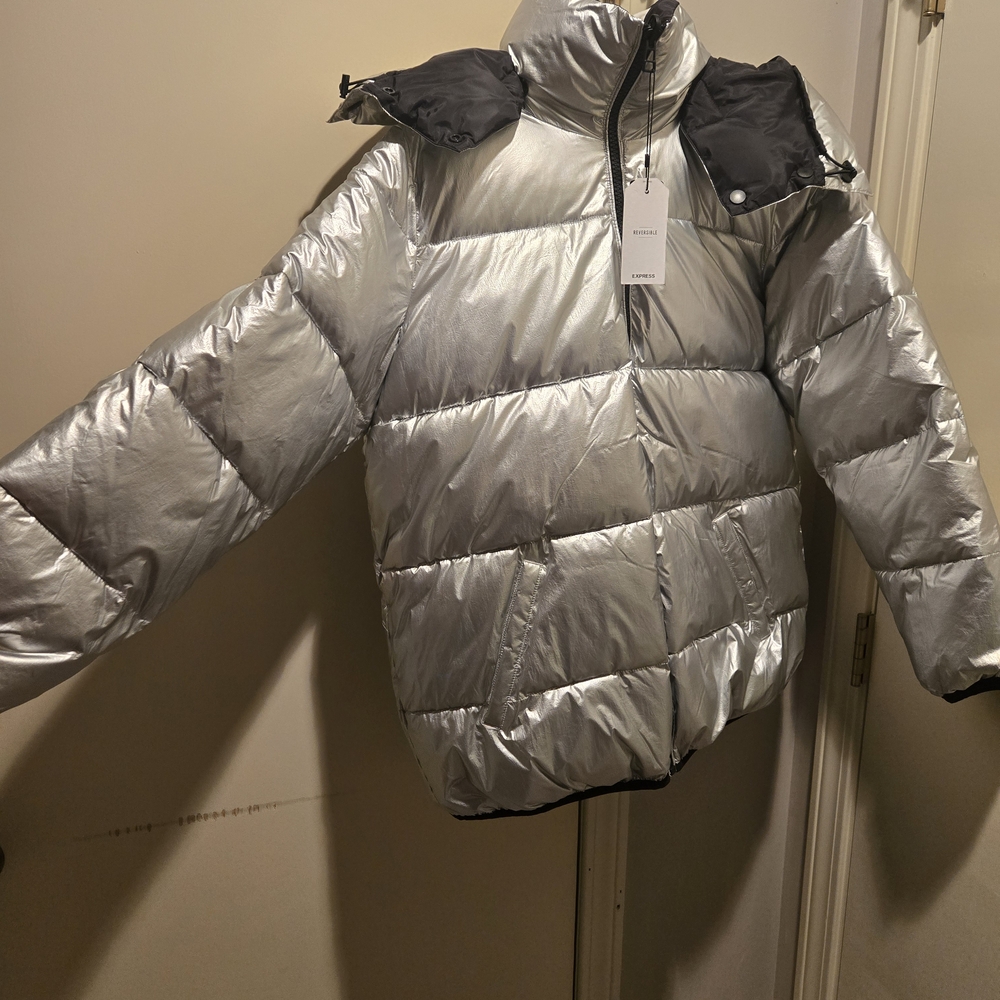 Express Silver and Black Puffer Jacket with Reflective Finish
